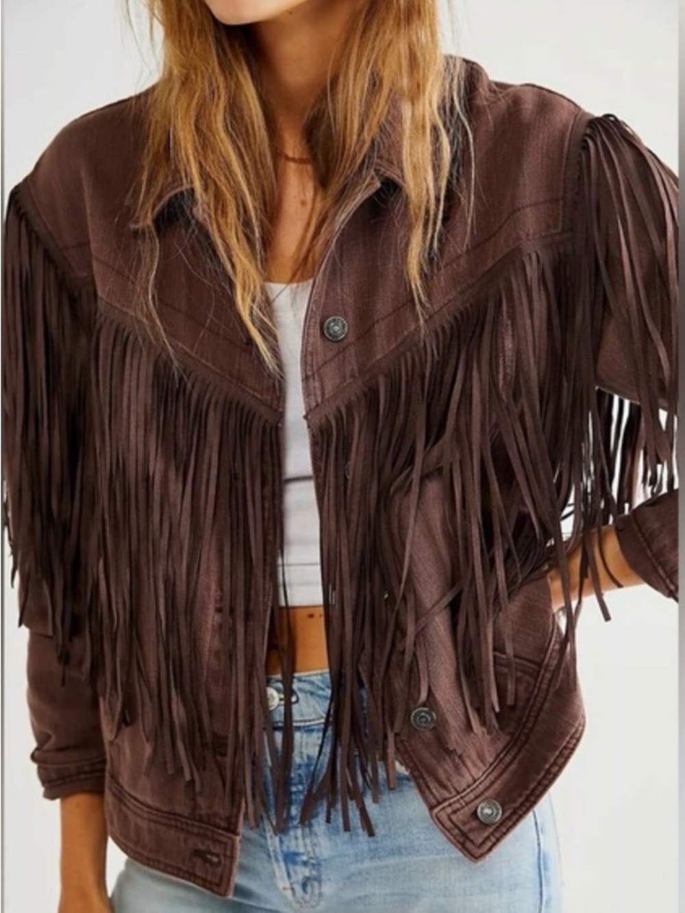 We The Free People After Hours Fringe Denim Jacket in Taupe Tan size L